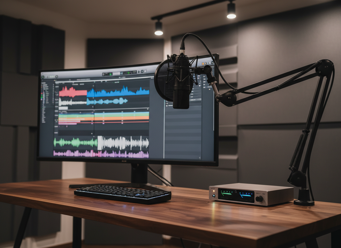 A high-end recording setup with a matte black studio microphone suspended from an adjustable boom arm, hovering above a luxurious dark walnut desk. On the desk, a large curved 4K monitor displays an audio editing interface with crisp waveforms and colorful tracks, beside a minimalist, low-profile mechanical keyboard and a small, glowing audio interface with precise LED level meters. A sound-absorbing wall of geometric charcoal acoustic panels fills the softly blurred background. Focused, warm-white overhead lighting creates a refined ambiance with controlled shadows and subtle metallic highlights. Photographic realism, shot from a three-quarter angle with shallow depth of field, evoking the disciplined craft of creating premium, transformative audio and video content.