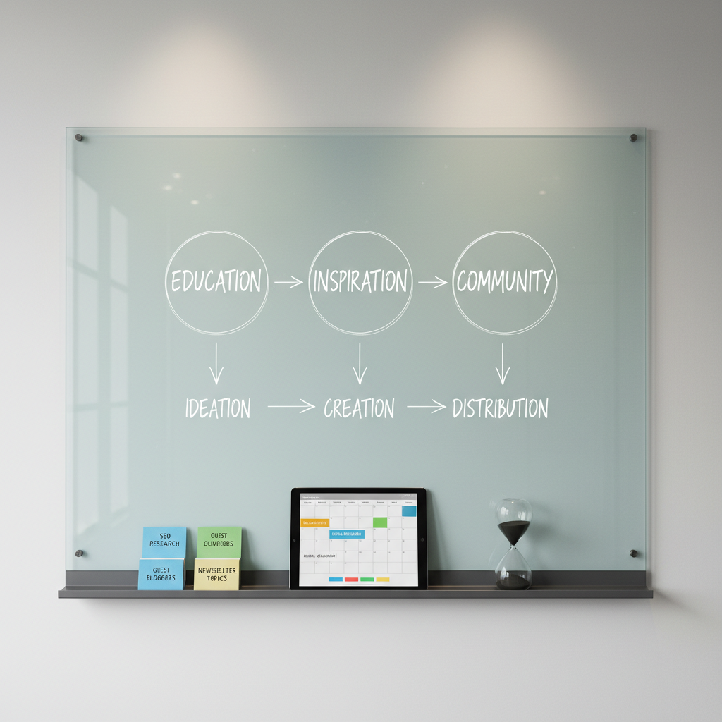 A meticulously arranged content strategy workspace featuring a large, wall-mounted transparent glass board filled with neatly drawn white diagrams, content pillars, and arrows connecting ideas, all written in elegant, precise handwriting. Below, a narrow matte charcoal shelf holds a tablet displaying a content calendar, a stack of color-coded index cards, and a chrome hourglass with fine black sand mid-flow. Soft studio lighting from above and the side creates gentle reflections on the glass and subtle shadows on the wall, enhancing depth. Photographic realism with a calm, intellectual atmosphere, shot straight-on with symmetrical composition, conveying structured thinking, long-term growth, and sophisticated content planning toward one’s ideal self.