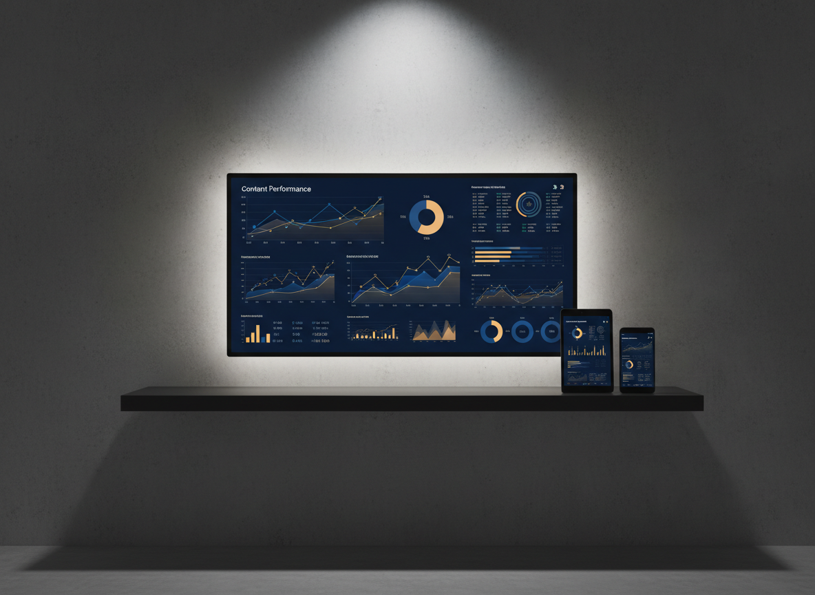 A refined content performance dashboard displayed on an ultra-wide, frameless monitor mounted above a floating matte-black shelf, the screen filled with sophisticated graphs, engagement metrics, and upward-trending lines in deep blues and golds. Beside it, a slim black tablet and smartphone lie perfectly aligned, each mirroring related analytics in minimalist interfaces. The wall behind is a smooth, soft-gray concrete, subtly illuminated by an LED backlight that creates a halo glow around the monitor. Low, indirect ambient lighting and a single focused spotlight from above lend a cinematic, high-stakes feel. Photographic realism, captured from a slightly low angle to emphasize scale and importance, reinforcing the idea of mastering data to reach one’s ultimate potential through content.